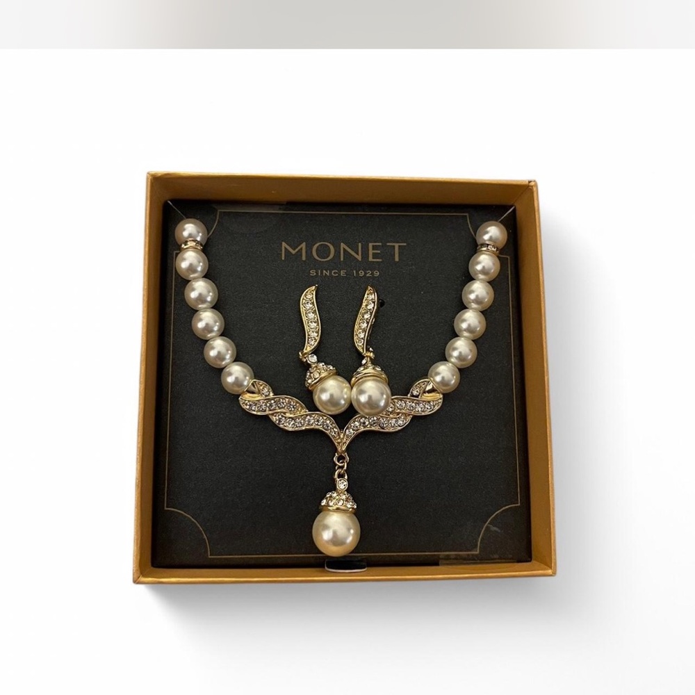 Monet Gold and Silver Pearl Necklace and Earring Set